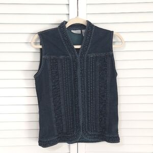 Chicos Platinum Vest, Size S, Dark Blue Denim Jean, Ruffle Accent, Hook Closures